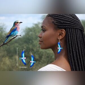 Handpainted lilac breasted roller bird earrings, sterling wires African birds
